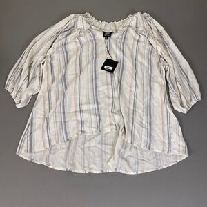 Bobeau Blouse Plus Size 2X Ivory Blue Striped Smocked Off Shoulder Rayon New NWT